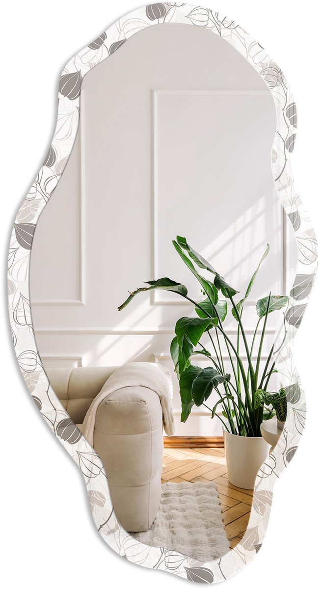 Coloray Plantenpatroon Spiegel - Wit Rechthoekige Spiegel Met Modern Design - Organische Spiegel - Slaapkamer, Woonkamer, Kledingkast - Minimalistisch - 45x90 cm - Totale afmeting 52x97 cm