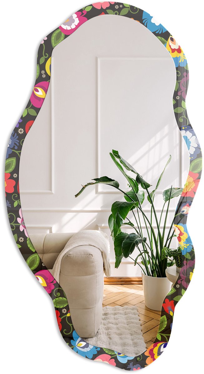 Coloray Folklorebloemen Spiegel - Zwart Rechthoekige Spiegel Met Modern Design - Organische Spiegel - Woonkamer - Illustratief - 45x90 cm - Totale afmeting 52x97 cm