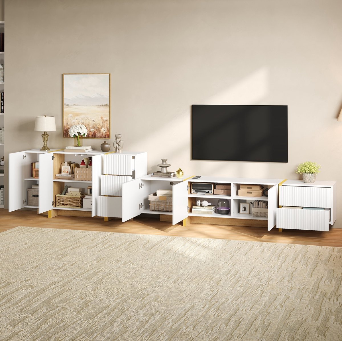 TV Lowboard En Sideboard Set - Rillenfront En Grifflos Design - Moderne Opbergkast Voor Woonkamer - Wit - 190x35x45 Cm