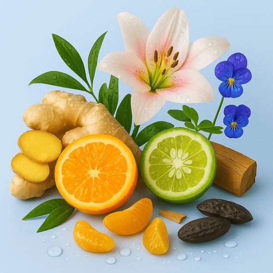 Compositie van fruit en specerijen: sinaasappel, bergamot, mandarijn, gember, exotische vruchten, lelie en viooltjes op blauwe achtergrond.