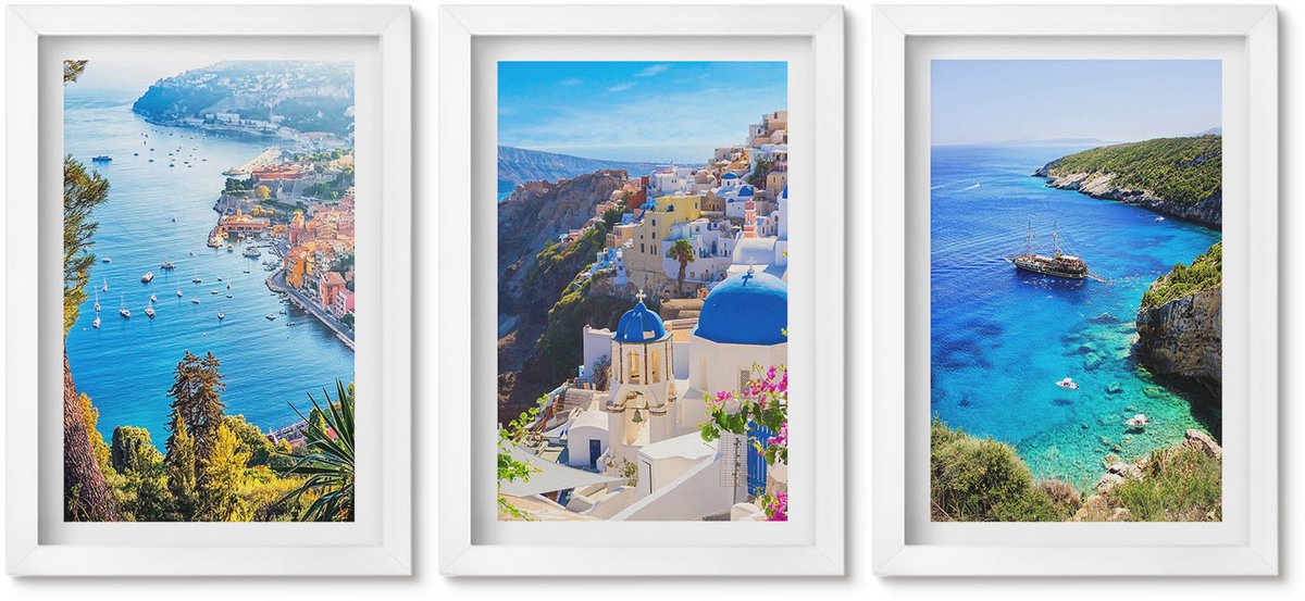 Wallfluent 3-Delige Schilderij Set - Uitzicht Op De Griekse Kust En Het Stadje Oia Op Santorini - 20 x 30 - Wanddecoratie - Schilderijen Set - Interieur - Woonkamer Decoratie