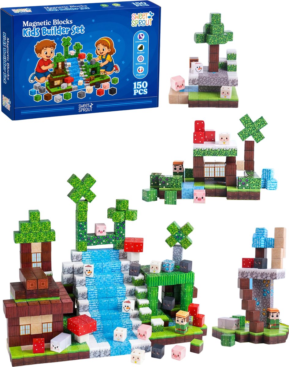 Sweet Sprout Magnetische Blokken - 150 stuks - Speelgoed - Magnetic Tiles - Blokken - Magnetic Cubes - Bouwstenen - Bouw jouw magna wereld - Magneten speelgoed - Constructiespeelgoed — cadeau in Spellen & Speelgoed - foto 5