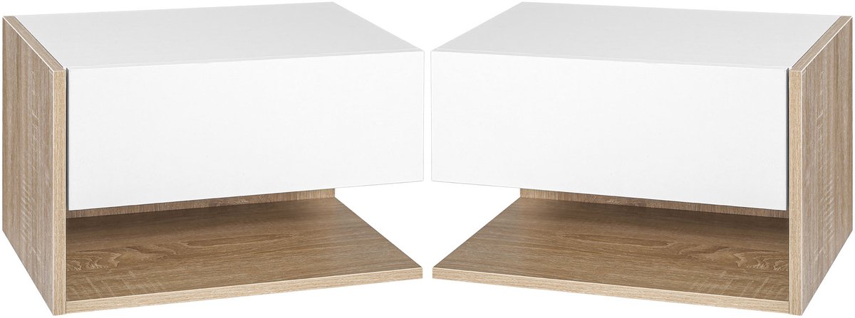 Set van 2 hangende nachtkastjes met schuiflade - eiken - wit - wandnachtkastjes van hout