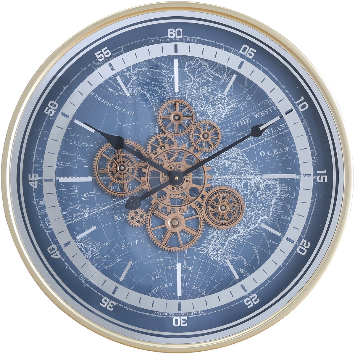 Fresco Wandklok Ø 60 cm - Bewegende Tandwielen – Wereldkaart – Blauw/Goud – Industriële Klok