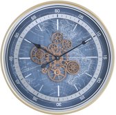 Fresco Wandklok Ø 60 cm - Bewegende Tandwielen – Wereldkaart – Blauw/Goud – Industriële Klok