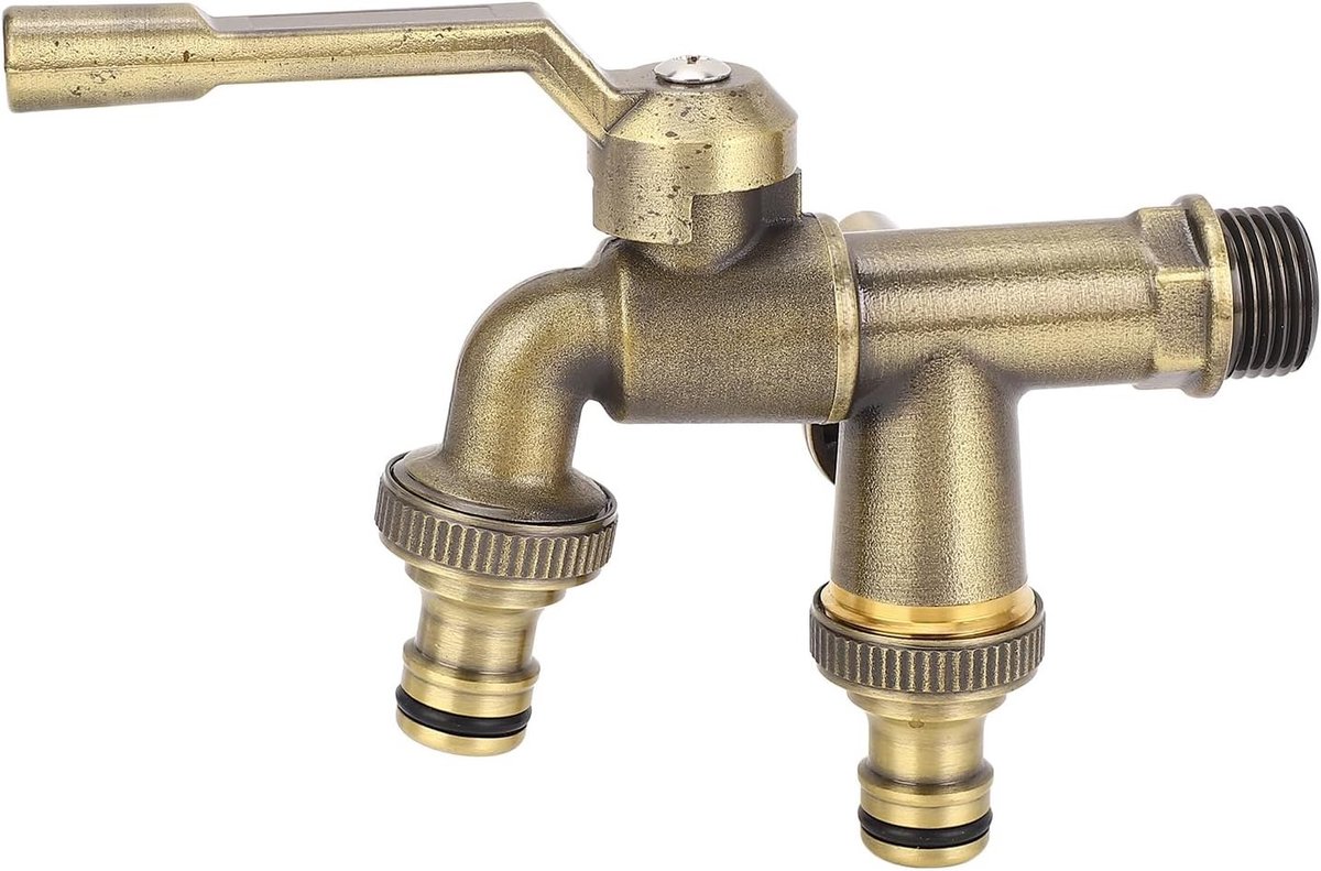 Vorstvrije buitenkraan - Antiek Messing - Dubbele Uitlaat - Waterkraan met Wandmontage - Voor Tuin en Balkon