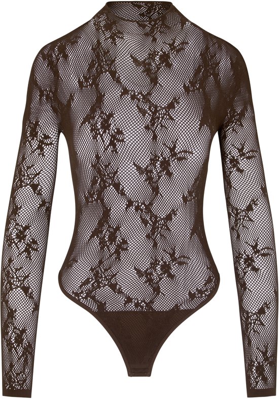 Bruine kanten bodysuit met lange mouwen en bloemenpatroon.