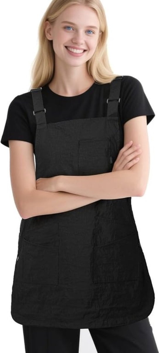 Zwarte, waterdichte, mouwloze schort/vest voor kappers, cafés/restaurants en thuisgebruik.