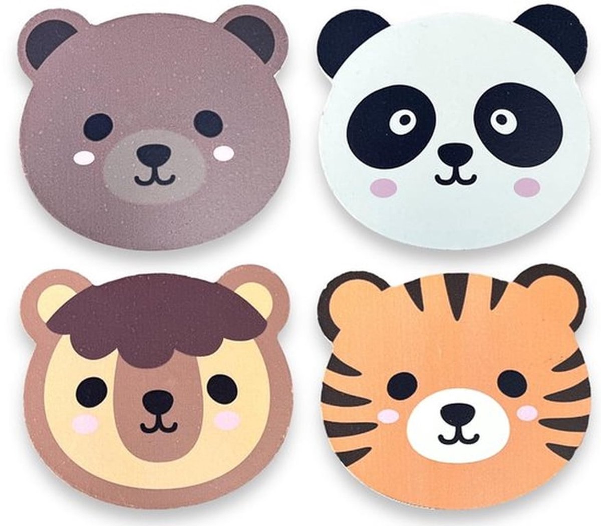 Set van 4 Houten Onderzetters - Grappige dierengezichten - Tijger, Beer, Lama, Panda - Duurzaam materiaal - Perfect voor thuis
