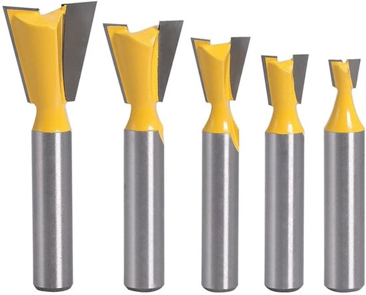 Dovetail freeset van 5 stuks - 8 mm as, houtbewerking gereedschap voor precisie en nauwkeurigheid