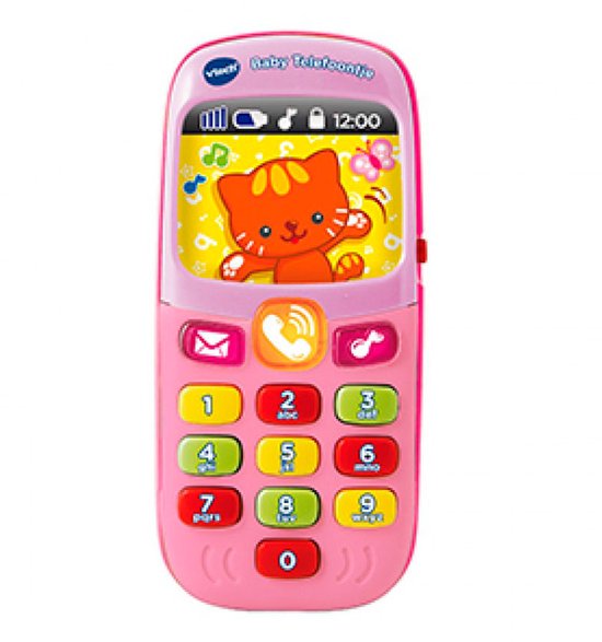 Roze VTech Baby Telefoon met een katje op het scherm.