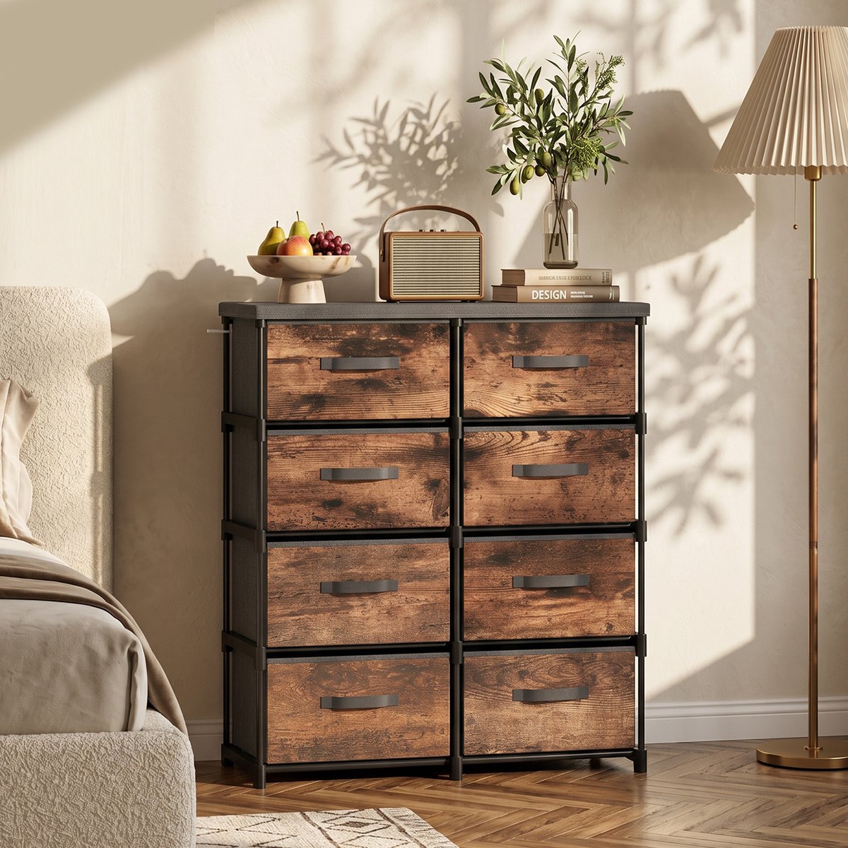 TEKROA® Ladekasten - Commode met acht lades - stoffen bekleding - metalen frame, geschikt voor slaapkamers en woonkamers - bruin