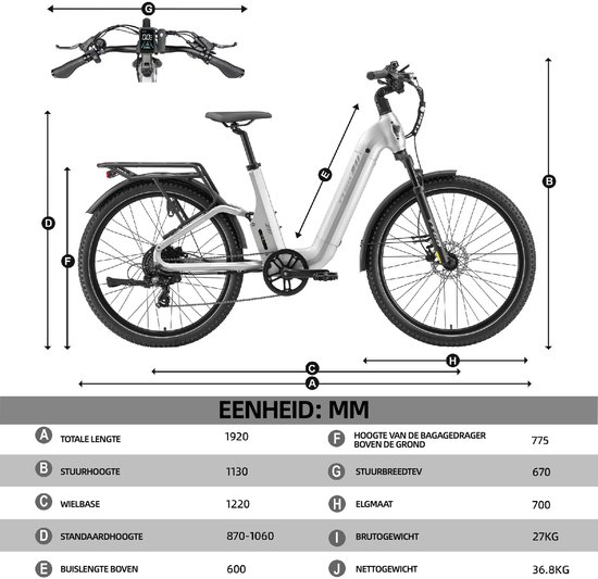 TTGO E-SUVO Elektrische Fiets - 250W Motor - 48V 15Ah Accu - 100-120 km Bereik - 27.5" × 2.4" Banden - Hydraulische Schijfremmen - Shimano 7s - Zilver van TTGO — afbeelding 3