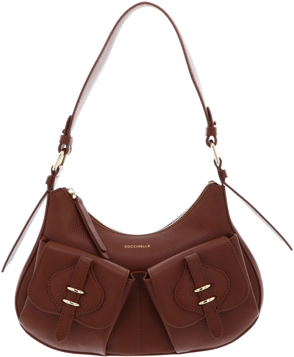 COCCINELLE Leren schoudertas handtas Mavery Pocket Shoulder Bag Grained Leather Cognac bruine