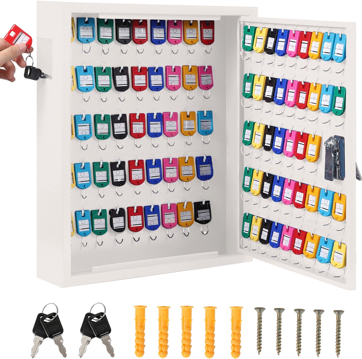 HoerFuriy - Wandgemonteerde Sleutelkast Met Slot - Zware Stalen Sleutelopbergkast - Genummerde Haken En Gekleurde Sleutelhangers - Wit 88 Hooks