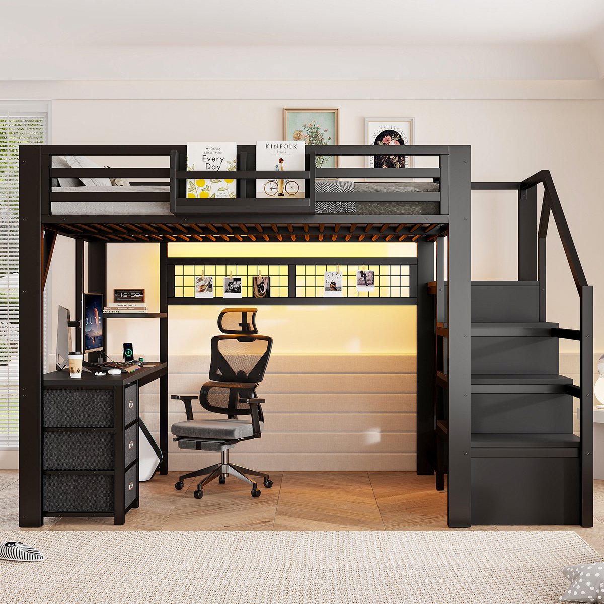 Kinderbed, Metalen Hoogslaper Van 140X200 cm Met Bureau, 3 Lades, Opbergvakken En Kledingkast; LED-Verlichting-Zwart