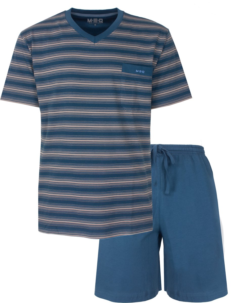 MEQ Heren Shortama - Gestreept - V-hals - Petrol Blauw - Maat L