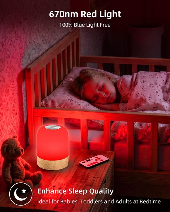 Oplaadbaar 670nm Rood & 1700K Amber Bedlampje - Afstandsbediening, Timer, Geheugenfunctie, Dimbaar Blauwlicht Filterend Slaaplicht — afbeelding 5