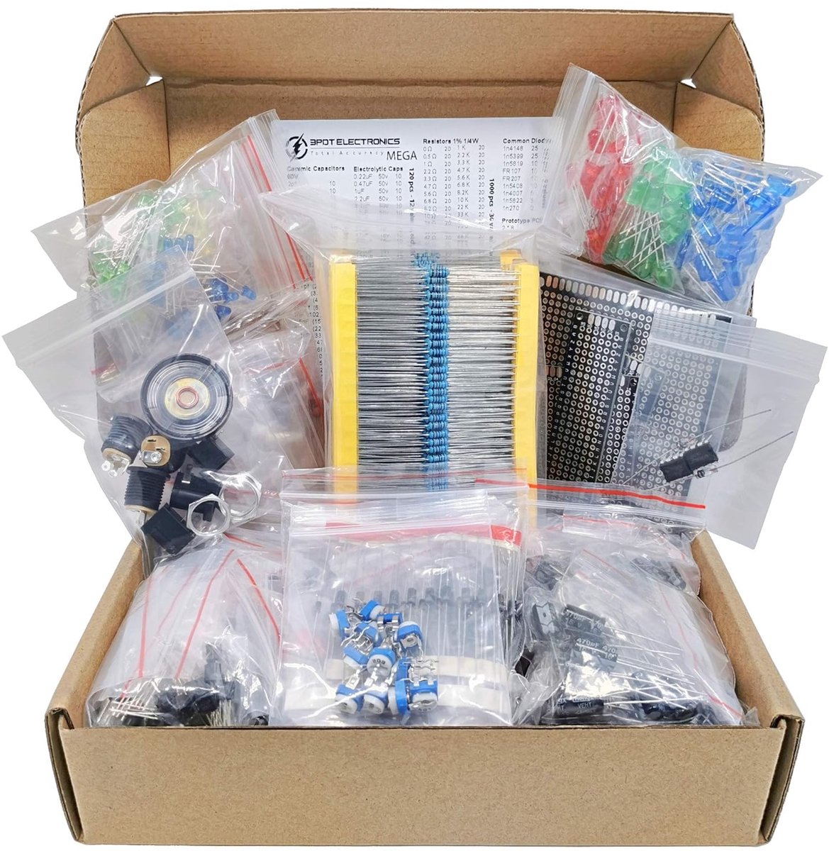 1900-delige set elektronische componenten - Condensatoren, weerstanden, LED's, transistoren, diodes, 1N270 germaniumdiodes, DC-aansluitingen, operationele versterkers, printplaten, luidsprekers - Voor UNO R3 - Ultieme set elektronische componenten