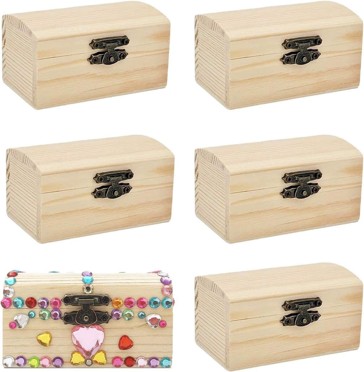 Set van 6 Kleine Houten Sieraden Dozen, Rechthoekige Houten Schatkist met Deksel voor Ambachten, Verjaardagsfeesten en DIY Projecten