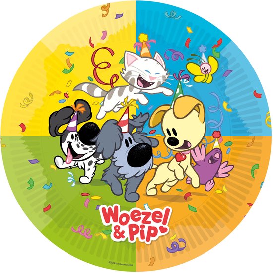 Borden met Woezel & Pip, confetti, slingers en feestmutsen. Vier dieren met feestmutsen: een witte kat, een gele hond, een grijze hond en een dalmatiër. Een gele vlinder en een roze vogel vliegen mee.