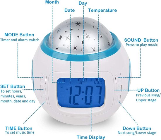 Kinderwekker met muzikale LED-sterrenprojector, nachtlampje, 7 muzieksoorten, datum- en tijdweergave, verjaardagscadeau — afbeelding 5