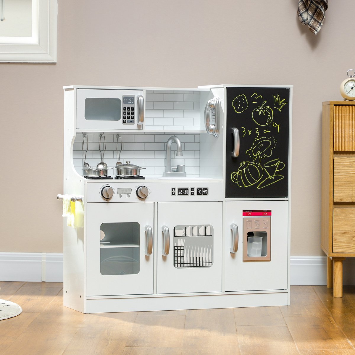 TEKROA® - Speelkeukentjes - Speelkeuken voor kinderen - inclusief speelgoedtelefoon - krijtbord, magnetron, fornuis, gootsteen - wit
