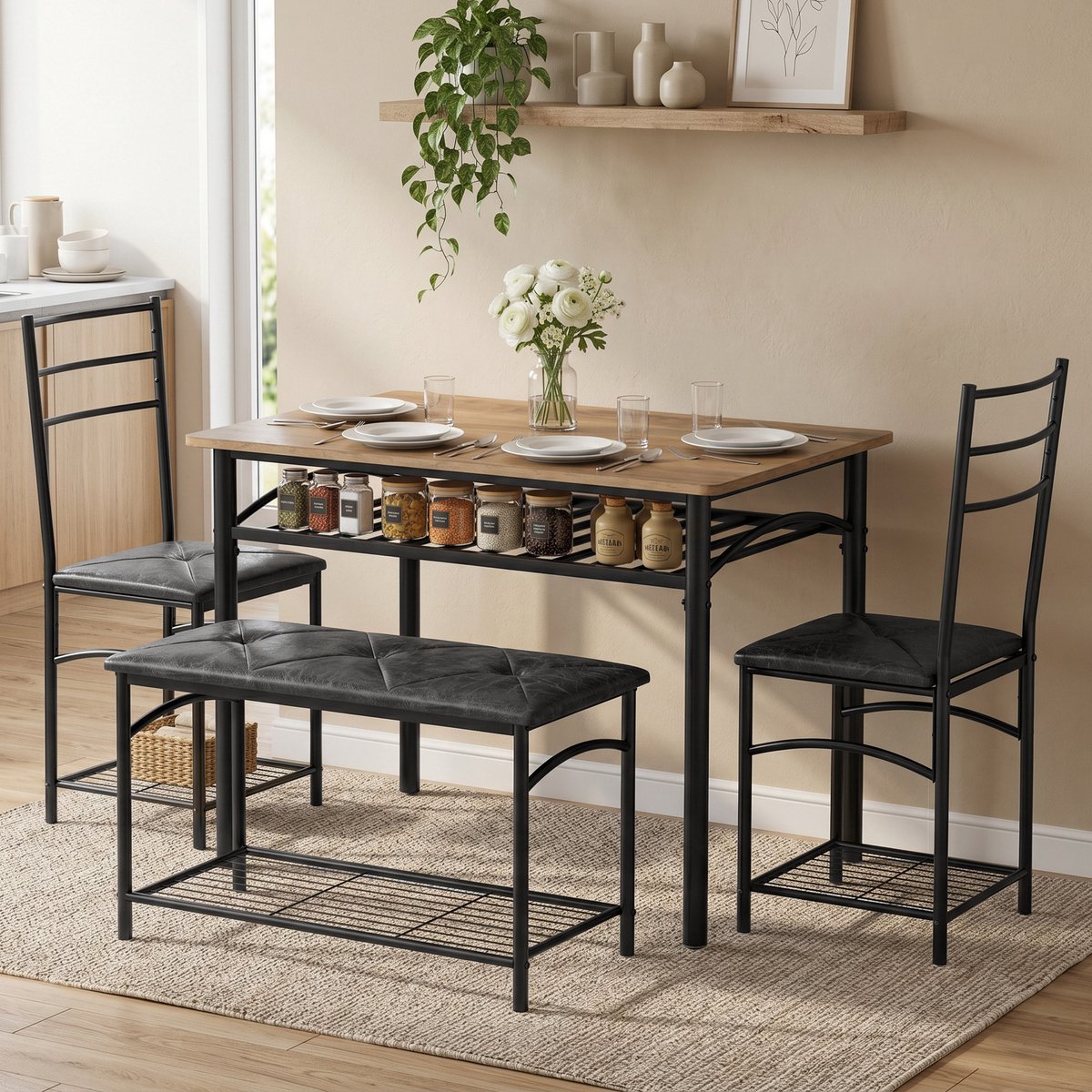 TEKROA® Set tafel en stoelen - 4-delige eethoek - industriële keukentafel - met 2 stoelen en een bank voor 4 personen - gestoffeerde zittingen van PU-leer