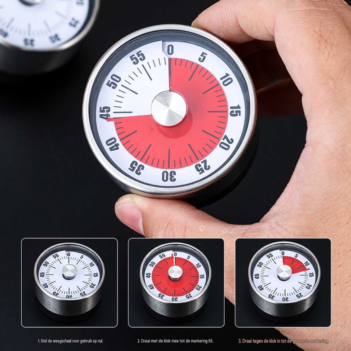 Mechanische keukentimer met magneet - RVS keukenwekker tot 60 minuten, luid belgeluid