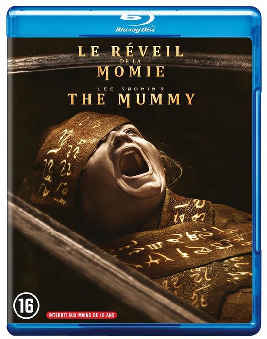 Blu-ray hoes met de tekst 'Le Réveil de la Momie' en 'The Mummy'. Een vrouw met open mond, in lijkwaden met hiërogliefen.