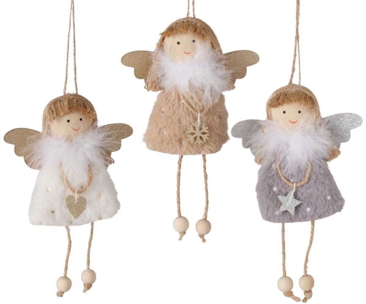 Boltze - Engelen - Engel - Hangers - Set van 3 - Kersthangers - FSC Hout/Jute/Polyester - 8x3.5cm