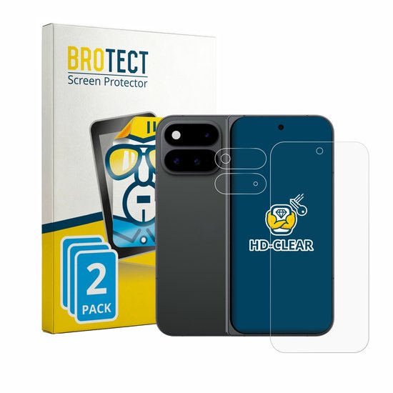 Emballage avec '2 PACK' et Google Pixel 11 Pro Fold noir avec protecteurs d'écran et de caméra transparents. HD-CLEAR.