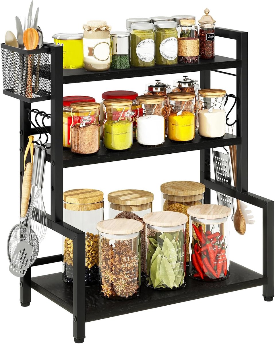 Home & Beyond® Kruidenrek voor Aanrecht - Keukenrek met 3 Niveaus - Verstelbare Middelste Plank - Zwart - 43x24x53 cm