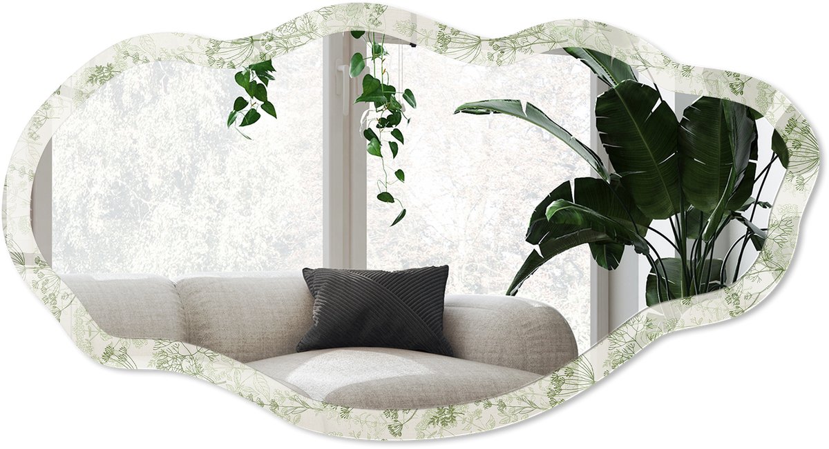 Wallfluent Groene Kruiden Spiegel - Groen Stijlvolle Wandspiegel - Organische Spiegel - Slaapkamer, Woonkamer, Badkamer - Aquarel - 45x90 cm - Totale afmeting 52x97 cm