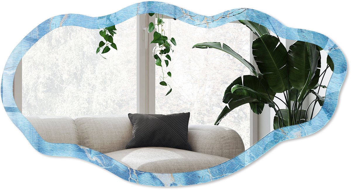 Wallfluent Blauwe Marmer Spiegel - Blauw Rechthoekige Spiegel Met Modern Design - Organische Spiegel - Badkamer, Slaapkamer, Woonkamer - Abstract - 45x90 cm - Totale afmeting 52x97 cm