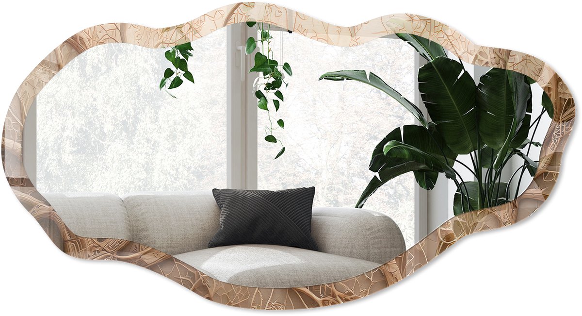 Wallfluent Plantenweefsels Spiegel - Beige Stijlvolle Wandspiegel - Organische Spiegel - Woonkamer - Abstract - 45x90 cm - Totale afmeting 52x97 cm