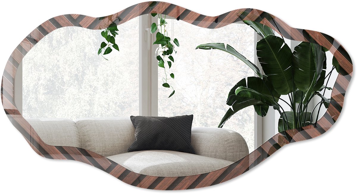 Wallfluent Houten Geometrie Spiegel - Bruin Rechthoekige Spiegel Voor Interieur - Organische Spiegel - Woonkamer, Kantoor, Hal - Geometrisch - 45x90 cm - Totale afmeting 52x97 cm