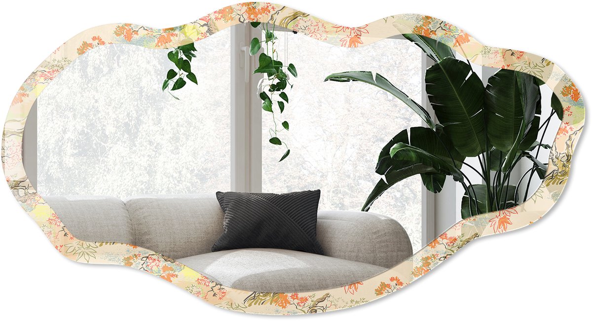 Wallfluent Botanische Samenstelling Spiegel - Beige Strakke Rechthoekige Spiegel - Organische Spiegel - Slaapkamer, Woonkamer, Hal - Aquarel - 45x90 cm - Totale afmeting 52x97 cm
