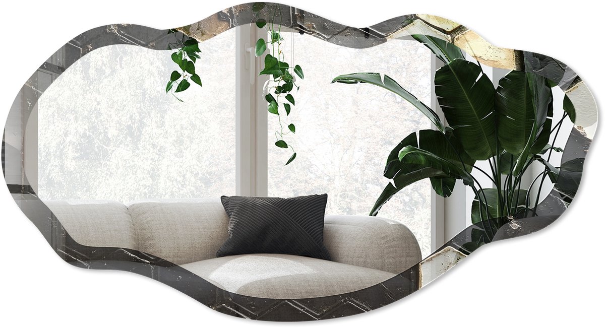 Wallfluent Geometrische Tegels Spiegel - Zwart Rechthoekige Spiegel Voor Interieur - Organische Spiegel - Badkamer, Keuken, Woonkamer - Geometrisch - 45x90 cm - Totale afmeting 52x97 cm