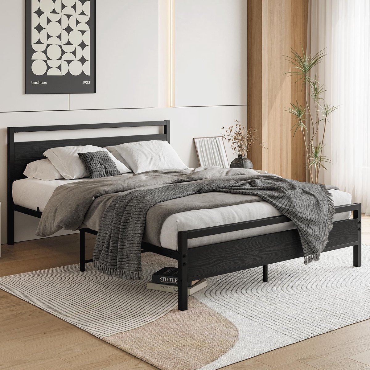 Normaal Bed 140x200 Cm – Bedframe Met Lattenbodem En Opbergruimte – Stevig Met Hoofdbord En Voetbord – Voor Slaapkamer Of Logeerkamer – MDF En Metaal – Zwart Zonder Matras