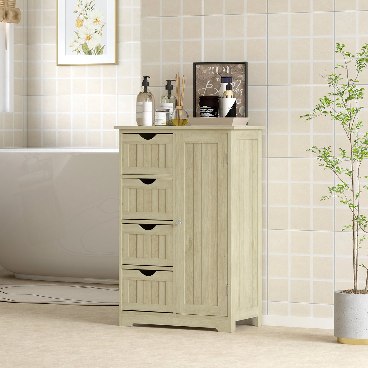 TEKROA® Badkamerkast - Hoge Badkamerkast - met 2 kastjes en 2 planken, inclusief verstelbare plank, gemaakt van bamboe en spaanplaat, 32x30x170 cm