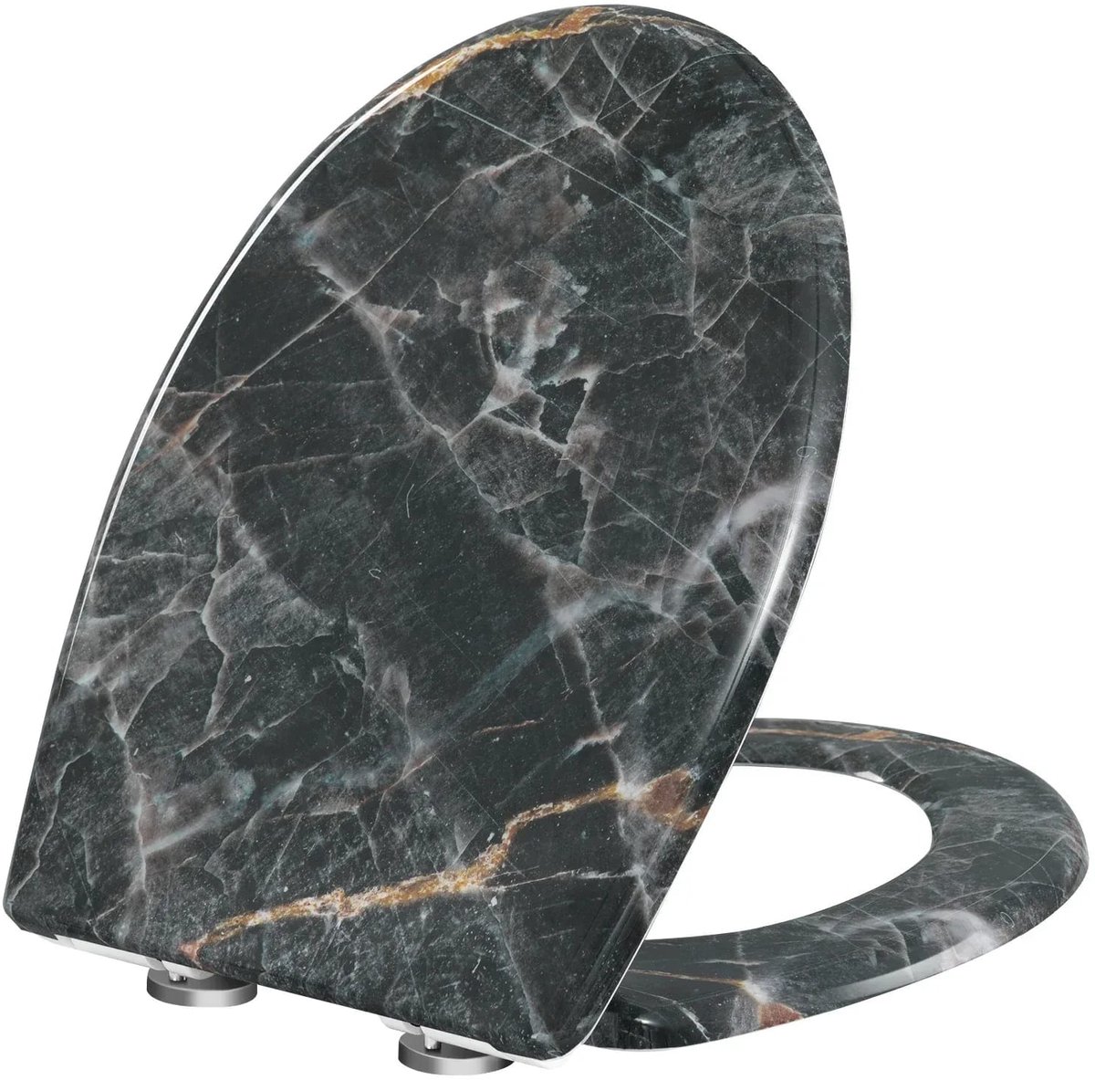 Klarven® Toiletbril Softclose Zwart marmer - Stille sluiting, Gemakkelijk schoon te maken, Draagvermogen 150 kg - O-vorm B 45,5 x D 37,1 cm