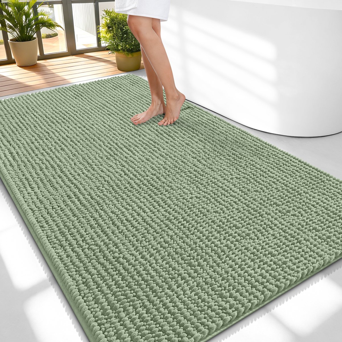 Olanly Badmat Antislip – Chenille Douchemat – Badmat Badkamer – Super Absorberend Deuropmat – Grasgroen – 89X150cm