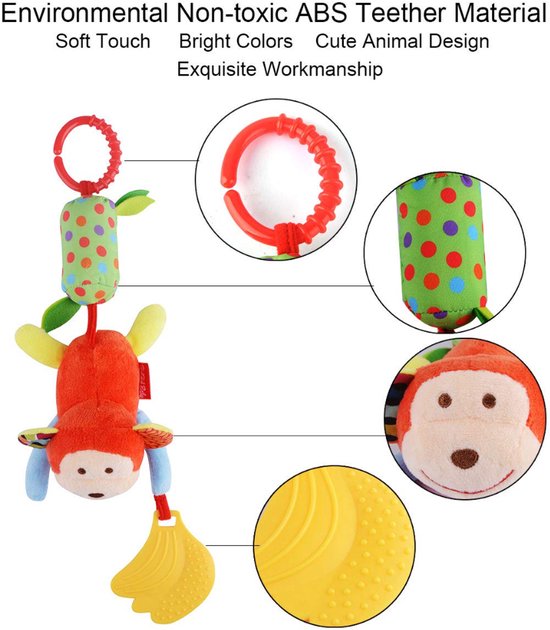 Sensorisch speelgoed voor in de kinderwagen, 4-delige set met zachte hangende rammelaars en pluche speeltjes — afbeelding 4