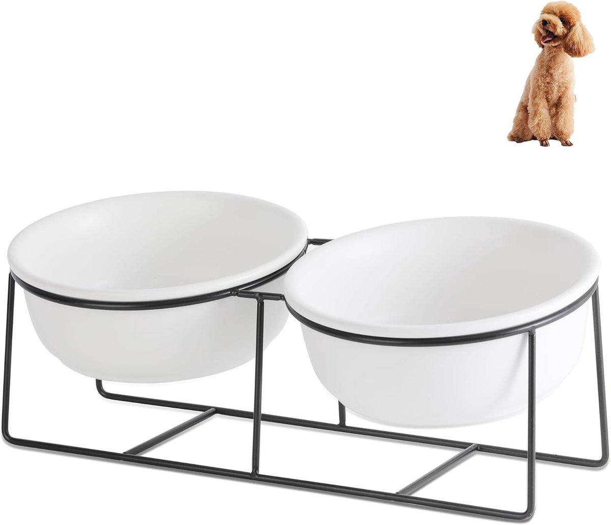 Verhoogde voerbak voor grote hond - Wit - 17 cm - Keramische dubbele kom met ijzeren standaard - Voor middelgrote honden en grote katten