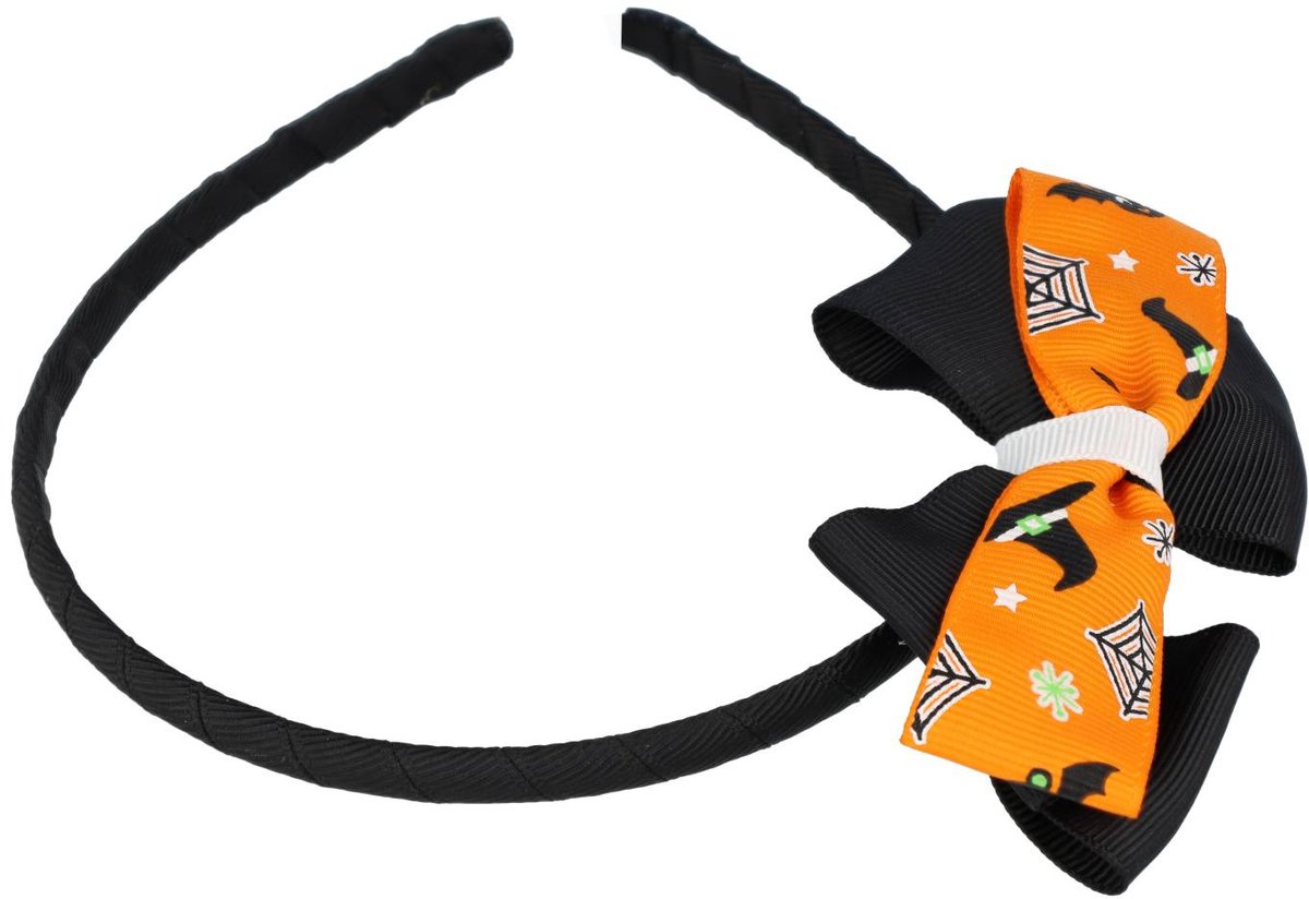 Haarsoires Haarband Kinderdiadeem – Halloween Griezelprint Strikje – Zwart Oranje