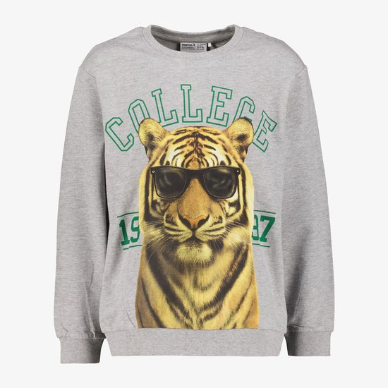 Grijze sweater met opdruk van een tijger met zonnebril en tekst "COLLEGE 1987".