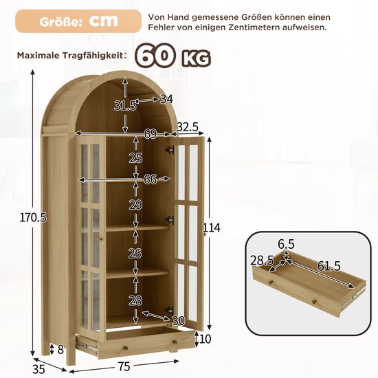 OKWISH Vitrinekast Bogenmodel Met Transparante Acryldeuren En Lade Voor Woonkamer Eetkamer Slaapkamer En Kantoor MDF Naturel 75 X 35 X 170,5 Cm van okwish — afbeelding 4