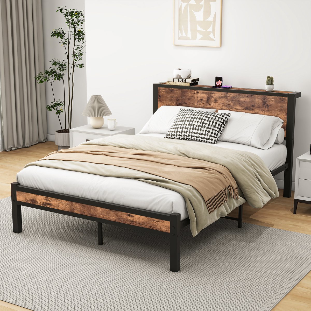 DESMIU Metalen Bedframe 140x200 cm – Bed met Opbergruimte in Hoofdbord – Stevig Lattenbodem Bed – Voor Volwassenen – MDF en Metaal – Antiekbruin – Zonder matras