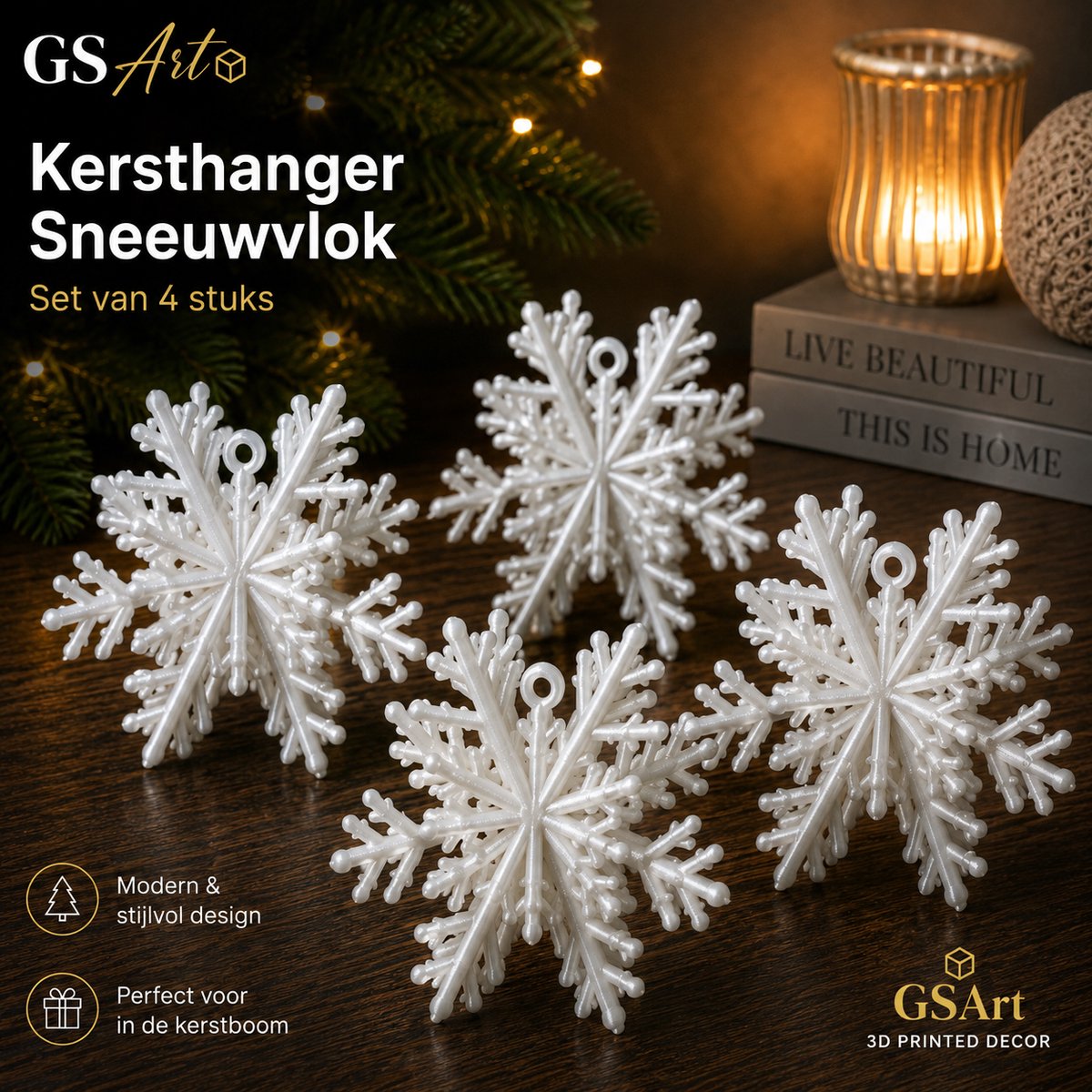 GSArt Kersthangers Sneeuwvlok – Set van 4 stuks - Zijde Wit